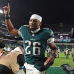 Nov 14, 2024; Philadelphia, Pennsylvania, USA; Philadelphia Eagles running back Saquon Barkley (26) runs off the field after win against the Washington Commanders at Lincoln Financial Field.