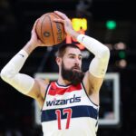 Nov 15, 2024; Atlanta, Georgia, USA; Washington Wizards center Jonas Valanciunas (17) looks for a pass in the game against the Washington Wizards during the first quarter at State Farm Arena. Mandatory Credit: Jordan Godfree-Imagn Images