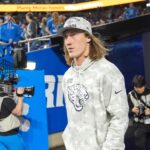 Jacksonville Jaguars quarterback Trevor Lawrence (16) takes the field for warm up before the game between Detroit Lions and Jacksonville Jaguars at Ford Field in Detroit on Sunday, Nov. 17, 2024.