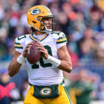 Nov 17, 2024; Chicago, Illinois, USA; Green Bay Packers quarterback Jordan Love (10) looks to pass against the Chicago Bears during the first quarter at Soldier Field. Mandatory Credit: Daniel Bartel-Imagn Images