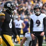 Nov 17, 2024; Pittsburgh, Pennsylvania, USA; Baltimore Ravens place kicker Justin Tucker (9) reacts to a missed field goal against the Pittsburgh Steelers during the first quarter at Acrisure Stadium. Mandatory Credit: Barry Reeger-Imagn Images