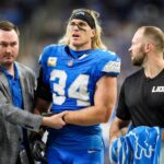 Detroit Lions linebacker Alex Anzalone (34) walks off the field due to an injury during the first half against Jacksonville Jaguars at Ford Field in Detroit on Sunday, Nov. 17, 2024.
