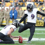 Nov 17, 2024; Pittsburgh, Pennsylvania, USA; Baltimore Ravens place kicker Justin Tucker (9) kicks a field goal against the Pittsburgh Steelers during the third quarter at Acrisure Stadium. Mandatory Credit: Charles LeClaire-Imagn Images