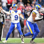 Nov 17, 2024; Foxborough, Massachusetts, USA; Los Angeles Rams quarterback Matthew Stafford (9) throws the ball against the New England Patriots during the second half at Gillette Stadium.