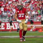 Nov 17, 2024; Santa Clara, California, USA; San Francisco 49ers defensive end Nick Bosa (97) celebrates after sacking Seattle Seahawks quarterback Geno Smith (7) in the first quarter at Levi's Stadium. Mandatory Credit: David Gonzales-Imagn Images