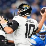 Jacksonville Jaguars quarterback Mac Jones (10) makes a pass against Jacksonville Jaguars during the second half at Ford Field in Detroit on Sunday, Nov. 17, 2024.