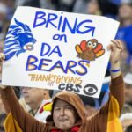 Nov 17, 2024; Detroit, Michigan, USA; A fan dressed as a turkey looks forward to the Thanksgiving Day game during the second half between the Detroit Lions and the Jacksonville Jaguars at Ford Field. Mandatory Credit: David Reginek-Imagn Images