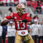 Nov 17, 2024; Santa Clara, California, USA; San Francisco 49ers quarterback Brock Purdy (13) throws a pass against the Seattle Seahawks in the second quarter at Levi's Stadium.