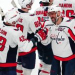Nov 17, 2024; Las Vegas, Nevada, USA; Washington Capitals left wing Alex Ovechkin (8) celebrates with Washington Capitals right wing Tom Wilson (43) after the Capitals defeated the Vegas Golden Knights 5-2 at T-Mobile Arena. Mandatory Credit: Stephen R. Sylvanie-Imagn Images