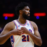 Nov 18, 2024; Miami, Florida, USA; Philadelphia 76ers center Joel Embiid (21) looks on against the Miami Heat during the third quarter at Kaseya Center.