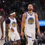 Nov 18, 2024; Inglewood, California, USA; Golden State Warriors guard Stephen Curry (30) reacts in the second half against the LA Clippers at Intuit Dome.