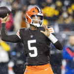 Nov 21, 2024; Cleveland, Ohio, USA; Cleveland Browns quarterback Jameis Winston (5) throws the ball during the second quarter against the Pittsburgh Steelers at Huntington Bank Field Stadium. Mandatory Credit: Scott Galvin-Imagn Images