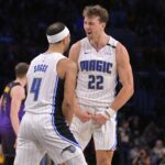 Nov 21, 2024; Los Angeles, California, USA; Orlando Magic forward Franz Wagner (22) celebrates with guard Jalen Suggs (4) after defeating the Los Angeles Lakers with a 3-point basket with 2.5 seconds left in the game at Crypto.com Arena.