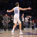 Nov 21, 2024; Los Angeles, California, USA; Orlando Magic forward Franz Wagner (22) celebrates after a 3-point basket with 2.5 seconds left in the game to defeat the Los Angeles Lakers at Crypto.com Arena. Mandatory Credit: Jayne Kamin-Oncea-Imagn Images