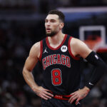 Nov 22, 2024; Chicago, Illinois, USA; NBA; Chicago Bulls guard Zach LaVine (8) looks on during the first half against the Atlanta Hawks at United Center.
