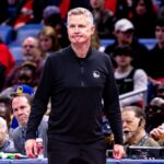 Nov 22, 2024; New Orleans, Louisiana, USA; Golden State Warriors head coach Steve Kerr looks on against the New Orleans Pelicans during second half at Smoothie King Center.