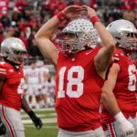 Syndication: The Columbus Dispatch. Ohio State Buckeyes quarterback Will Howard (18) celebrates during the second half of the NCAA football game against the Indiana Hoosiers at Ohio Stadium in Columbus on Saturday, Nov. 23, 2024. Ohio State won 38-15.