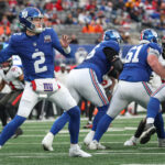 Nov 24, 2024; East Rutherford, New Jersey, USA; New York Giants quarterback Drew Lock (2) throws a pass during the second half against the Tampa Bay Buccaneers at MetLife Stadium. Mandatory Credit: Vincent Carchietta-Imagn Images