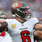Nov 24, 2024; East Rutherford, New Jersey, USA; Tampa Bay Buccaneers quarterback Baker Mayfield (6) throws a pass during the second half against the New York Giants at MetLife Stadium. Mandatory Credit: Vincent Carchietta-Imagn Images