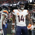Nov 24, 2024; Paradise, Nevada, USA; Denver Broncos wide receiver Courtland Sutton (14) celebrates with running back Jaleel McLaughlin (38) after scoring on a 18-yard touchdown pass against the Las Vegas Raiders at Allegiant Stadium. Mandatory Credit: Kirby Lee-Imagn Images