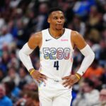 Westbrook Nov 25, 2024; Denver, Colorado, USA; Denver Nuggets guard Russell Westbrook (4) during the second half against the New York Knicks at Ball Arena. Mandatory Credit: Ron Chenoy-Imagn Images