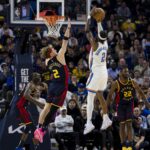 Nov 27, 2024; San Francisco, California, USA; Oklahoma City Thunder guard Shai Gilgeous-Alexander (2) shoots against Golden State Warriors guard Brandin Podziemski (2) during the fourth quarter at Chase Center. Mandatory Credit: John Hefti-Imagn Images