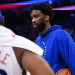 Nov 24, 2024; Philadelphia, Pennsylvania, USA; Philadelphia 76ers center Joel Embiid (21) looks on after the game against the Los Angeles Clippers at Wells Fargo Center. Mandatory Credit: Kyle Ross-Imagn Images