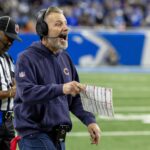 Nov 28, 2024; Detroit, Michigan, USA; Chicago Bears head coach Matt Eberflus on the sidelines during the second half against the Detroit Lions at Ford Field. Mandatory Credit: David Reginek-Imagn Images