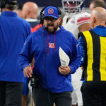 Nov 28, 2024; Arlington, Texas, USA; New York Giants head coach Brian Daboll reacts during the second half againt the Dallas Cowboys at AT&T Stadium. Mandatory Credit: Chris Jones-Imagn Images