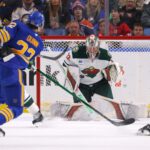 Buffalo Sabres right wing Jack Quinn (22) takes a shot on Minnesota Wild goaltender Filip Gustavsson (32) during the third period at KeyBank Center.