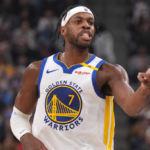 Nov 18, 2024; Inglewood, California, USA; Golden State Warriors guard Buddy Hield (7) gestures in the first half against the LA Clippers at Intuit Dome.