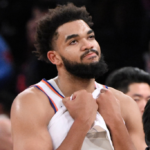 Nov 13, 2024; New York, New York, USA; New York Knicks center Karl-Anthony Towns (32) reacts after a game against the Chicago Bulls at Madison Square Garden