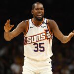 Oct 28, 2024; Phoenix, Arizona, USA; Phoenix Suns forward Kevin Durant (35) reacts to a play during the first half against the Los Angeles Lakers at Footprint Center.