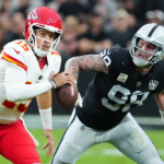 Oct 27, 2024; Paradise, Nevada, USA; Kansas City Chiefs quarterback Patrick Mahomes (15) is flushed out of the pocket by Las Vegas Raiders defensive end Maxx Crosby (98) during the second quarter at Allegiant Stadium