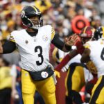 Nov 10, 2024; Landover, Maryland, USA; Pittsburgh Steelers quarterback Russell Wilson (3) passes the ball against the Washington Commanders during the first half at Northwest Stadium.