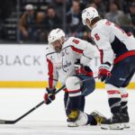 Washington Capitals left wing Alex Ovechkin (8) is injured on a play against the Utah Hockey Club during the third period at Delta Center.