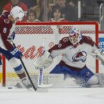 Colorado Avalanche goaltender Alexandar Georgiev (40) makes a save against the Detroit Red Wings in the first period at Little Caesars Arena.