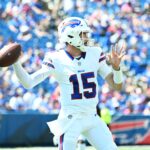Buffalo Bills quarterback Ben DiNucci (15) throws a pass in the second quarter pre-season game against the Carolina Panthers at Highmark Stadium.