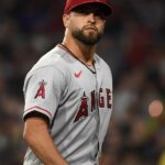 Los Angeles Angels starting pitcher Patrick Sandoval (43) walks off the mound after being relieved during the fourth inning against the Boston Red Sox at Fenway Park.