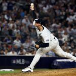 New York Yankees pitcher Clay Holmes (35) throws during the seventh inning against the Los Angeles Dodgers in game five of the 2024 MLB World Series at Yankee Stadium.