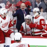 Detroit Red Wings head coach Derek Lalonde gestures in the third period against the Winnipeg Jets at Canada Life Centre.