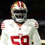 ORCHARD PARK, NEW YORK - DECEMBER 1: De'Vondre Campbell #59 of the San Francisco 49ers runs onto the field prior to an NFL football game against the Buffalo Bills at Highmark Stadium on December 1, 2024 in Orchard Park, New York. (Photo by Kevin Sabitus/Getty Images)
