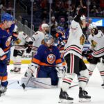 Chicago Blackhawks left wing Tyler Bertuzzi (59) celebrates his goal against New York Islanders goaltender Ilya Sorokin (30) during the third period at UBS Arena.