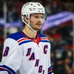 New York Rangers defenseman Jacob Trouba (8) against the Calgary Flames during the second period at Scotiabank Saddledome.