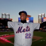 New York Mets right fielder Juan Soto poses for photos during his introductory press conference at Citi Field.
