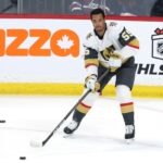 Vegas Golden Knights right wing Keegan Kolesar (55) warms up before a game against the Winnipeg Jets at Canada Life Centre.