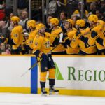 Nashville Predators center Steven Stamkos (91) celebrates his goal with his teammates against the Pittsburgh Penguins during the second period at Bridgestone Arena.