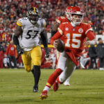 Jan 16, 2022; Kansas City, Missouri, USA; NFL; Kansas City Chiefs quarterback Patrick Mahomes (15) runs the ball against the Pittsburgh Steelers in an AFC Wild Card playoff football game at GEHA Field at Arrowhead Stadium.