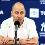 Mar 14, 2022; Tampa, FL, USA; New York Yankees general manager Brian Cashman talks with media during spring training workouts at George M. Steinbrenner Field. Mandatory Credit: Kim Klement-USA TODAY Sports