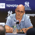 Aug 23, 2023; Bronx, New York, USA; New York Yankees general manager Brian Cashman talks with the media before the game between the Yankees and the Washington Nationals at Yankee Stadium. Mandatory Credit: Vincent Carchietta-USA TODAY Sports - Soto